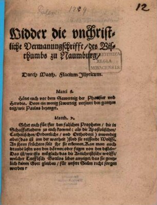 Widder die vnchristliche Vermanungschrifft des Bisthumbs zu Naumburg