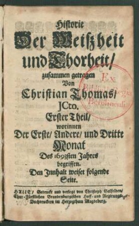 1: worinnen Der Erste/ Andere/ und Dritte Monat Des 1693sten Jahres begriffen