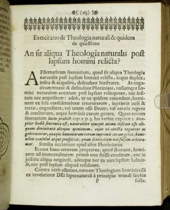 Exercitatio de Theologia naturali & quidem de quæstione An sit aliqua Theologia naturalis post lapsum homini relicta?