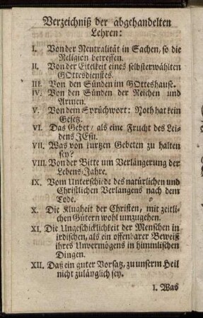 Verzeichniß der abgehandelten Lehren: