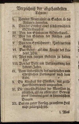 Verzeichniß der abgehandelten Lehren: