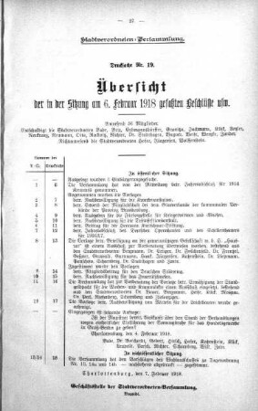 Übersicht der in der Sitzung gefaßten Beschlüsse u.s.w. (19.), 06. Februar 1918