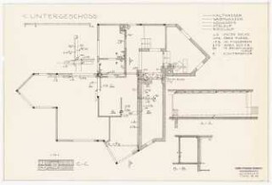 Schmitz-Häuser, Biberach/Riss Wohnhaus Werner Schmitz: 1. Untergeschoss 1:50 mit Eintragung der Kalt- und Warmwasserversorgung 1:50; Schnitt A-A 1:50, B-B 1:50; C-C 1:10