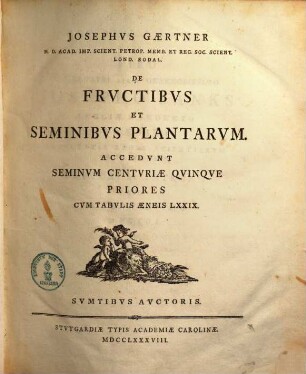 Josephvs Gaertner M. D. Acad. Imp. Scient. Petrop. Memb. Et Reg. Soc. Scient. Lond. Sodal. De Frvctibvs Et Seminibvs Plantarvm, 1,1.2. Accedunt Seminum centuriae quinque priores. Cum tab. Aeneis 79. 1788.