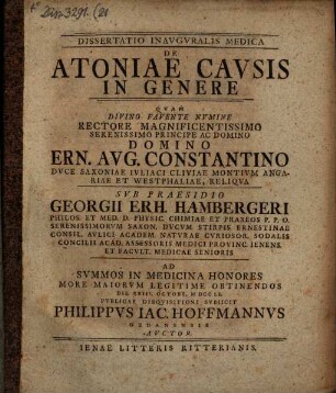 Dissertatio Inavgvralis Medica De Atoniae Cavsis In Genere