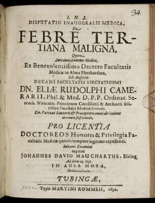 Disputatio Inauguralis Medica, De Febre Tertiana Maligna
