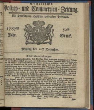 50tes Stueck, Montag den 10ten December. 1787