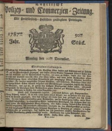 50tes Stueck, Montag den 10ten December. 1787