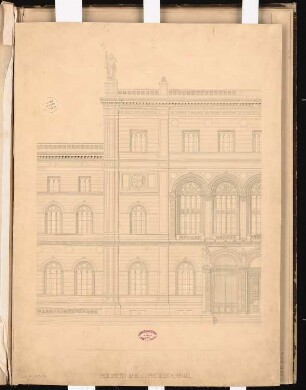 Preußisches Parlament, Berlin Schinkelwettbewerb 1859: Aufriss Straßenansicht Vorderansicht (Ostseite (Ausschnitt); Maßstabsleiste