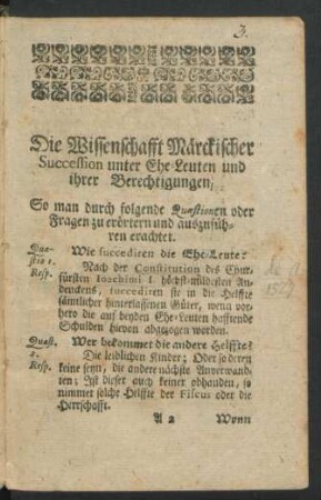 Die Wissenschafft Märckischer Succession unter Ehe-Leuten und ihrer Berechtigungen, ...