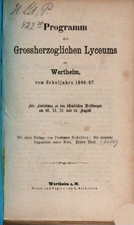Programm des Grossherzoglichen Lyceums in Wertheim : vom Schuljahre .... 1866/67