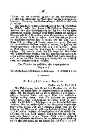 Kriegshilfen der Schulen : [B. Allgemeine Angelegenheiten der Unterrichtsanstalten]