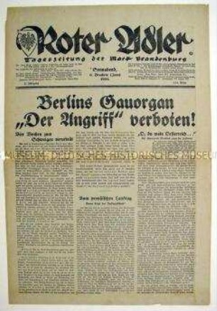 Regionale NSDAP-Tageszeitung "Roter Adler" zum erneuten Verbot der Zeitung "Der Angriff"