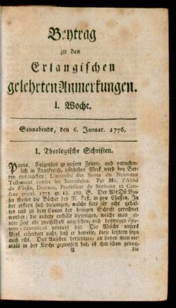 I. Woche (6. Januar 1776)-LII. Woche (28. December 1776): Beytrag zu den Erlangischen gelehrten Anmerkungen