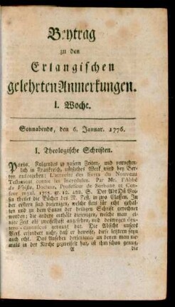 I. Woche (6. Januar 1776)-LII. Woche (28. December 1776): Beytrag zu den Erlangischen gelehrten Anmerkungen