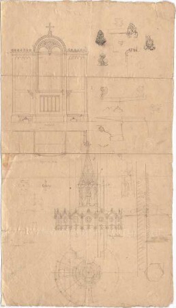 Voit, August von; Kirche - Beichtstuhl (Grundriss, Ansicht, Details); Kanzeldeckel (Grundriss, Ansicht)