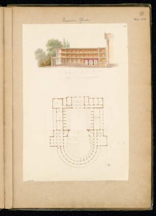 Sommertheater Monatskonkurrenz Mai 1850: Grundriss, Längsschnitt; 2 Maßstabsleisten