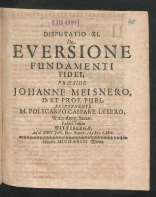 Disputatio XI. De Eversione Fundamenti Fidei