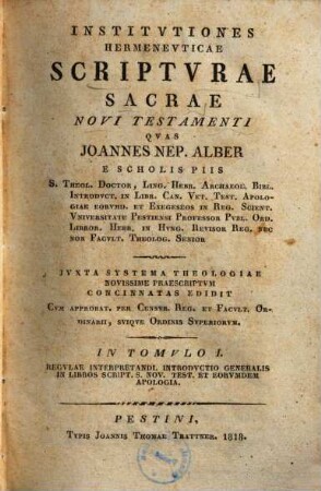 Institutiones hermeneuticae scripturae sacrae Novi Testamenti, 1
