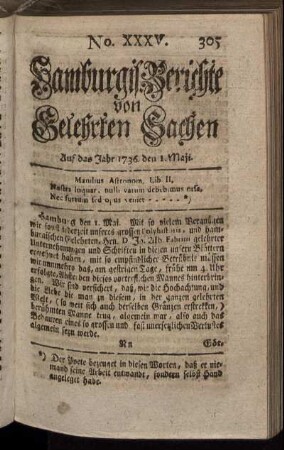 No. XXXV. Auf das Jahr 1736. den 1. Maji. - No. XLIII. Auf das Jahr 1736. den 29. Mai.