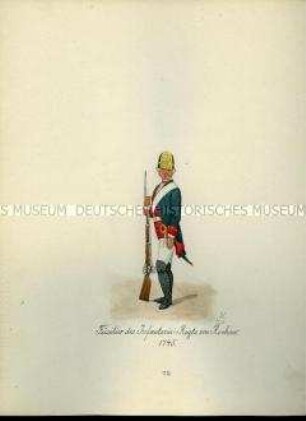 Uniformdarstellung, Füsilier des Infanterie-Regiments. von Rochow, 1745. Aus: Sammelmappe "Sachsens Militär", Königliche Arsenalsammlung.