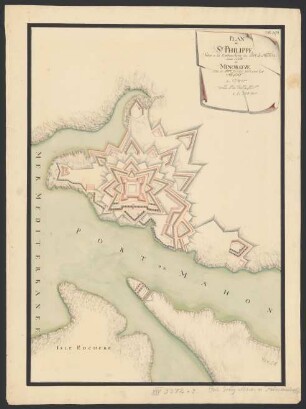 Plan de St. Philippe, situé a la Emboucherie de Port de Mahon dans l'Isle de Minorque avec le Fortifactio fait par les Anglois