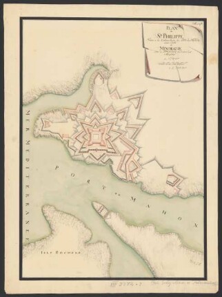 Plan de St. Philippe, situé a la Emboucherie de Port de Mahon dans l'Isle de Minorque avec le Fortifactio fait par les Anglois