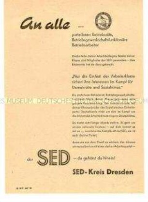Propagandaflugblatt der SED Dresden mit Mitgliederwerbung