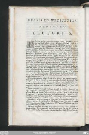 Henricus Wetstenius Benevolo Lectori S.