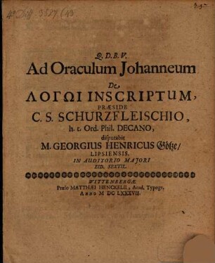 Disp. ad oraculum Johanneum de logō inscriptum