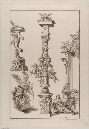Säule und zwei Umrahmungen, Blatt 4 aus der Folge "Gantz Neu sehr nützl. Säulen und andern Ornamenten"