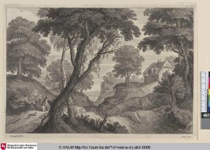 [Hügelige Landschaft mit Reiter und Hund; Wooded Landscape with a Rider and Dog on a Path at the Left]