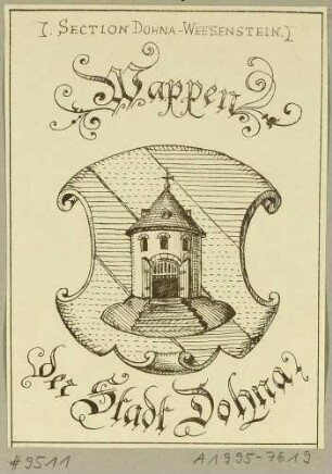 Wappen der Stadt Dohna südlich von Dresden, mit dem Turm der alten Burg, aus den "Bergblumen..." (abgeschnittenes Segment)