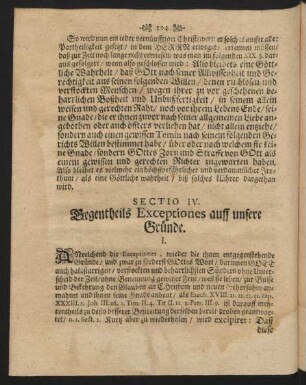 Sectio IV. Gegentheils Exceptiones auff unsere Gründe