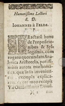 Humanissimo Lectori S. D. Johannes a Felde.