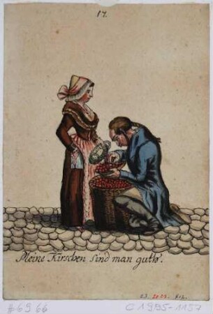 Dresdner Originale: Kirschenverkäufer in Dresden in typischer Tracht mit der Unterschrift "Meine Kirschen Sind man guth."