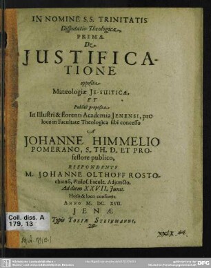 Disputatio theologica prima de justificatione