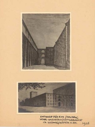 Schalthaus und Wohnhaus, Ludwigshafen: Perspektivische Ansicht Verbindungsbau, Perspektivische Ansicht Ecke