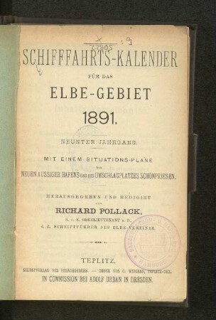 Schifffahrts-Kalender für das Elbe-Gebiet 1891. Neunter Jahrgang.