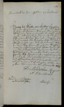 Unterrichtung über die Ernennung des Geheimen Rats Behr zum Kammerpräsidenten und Nachfolger von Münchhausens.