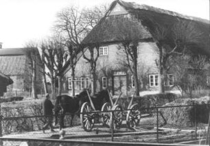 Ansicht eines Bauernhofes in Hetlingen in Schleswig Holstein. Typisch die reetgedeckten Dächer. Im Vordergrund Pferde und ein Wagen. Aufgenommen 1934