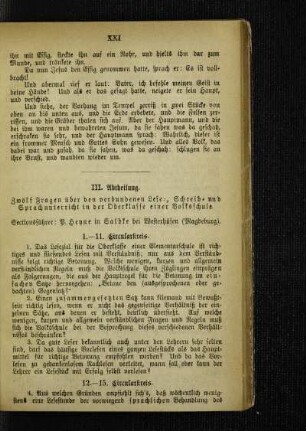 III. Abtheilung : Zwölf Fragen über den verbundenen Lese-, Schreib- und Sprachunterricht in der Oberklasse einer Volksschule