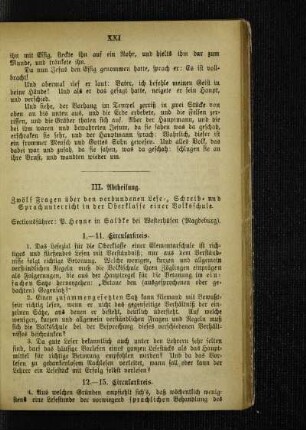III. Abtheilung : Zwölf Fragen über den verbundenen Lese-, Schreib- und Sprachunterricht in der Oberklasse einer Volksschule