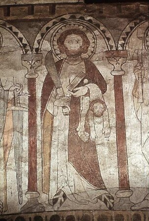 Gruppe von drei Aposteln, darunter Bartholomaeus und Matthias