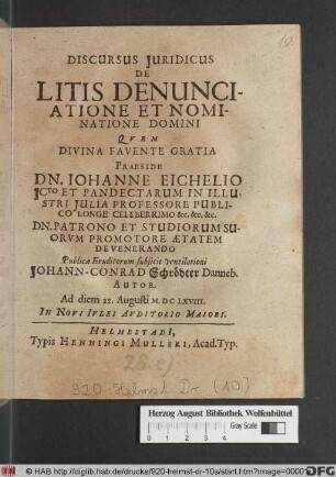 Discursus Iuridicus De Litis Denunciatione Et Nominatione Domini