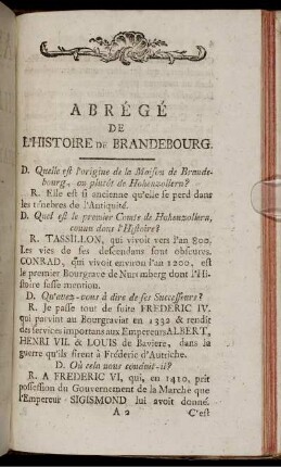 Abrégé De L´Histoire De Brandebourg.