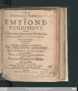 Disputatio Iuridica De Emtione-Venditione