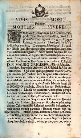 Condolete! Colendissimi DD. Confoederati, pridie enim Dominicae in Albis, pro dolor! primas Vesperas egimus in nigris ... D.P. Mauro Creuzer ... in Domino occubuit ... : [Ad SS. Udalricum & Afram Augustae Vindelicorum die 17. Aprilis Anni 1697 ...]
