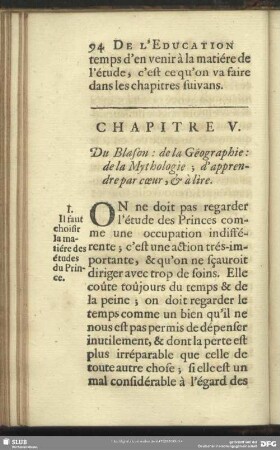 Chapitre V. Du Blason : de la Géographie : de la Mythologie ; d´apprendre par coeur, & à lire