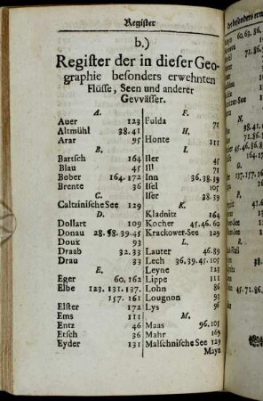 C. b.) Register der in dieser Geographie besonders erwehnten Flüsse, Seen und anderer Gevvässer
